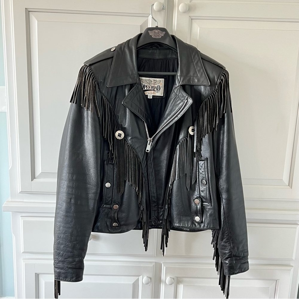 Open Road Vintage Motorcycle Leather Fringe Jacket, Sz 44